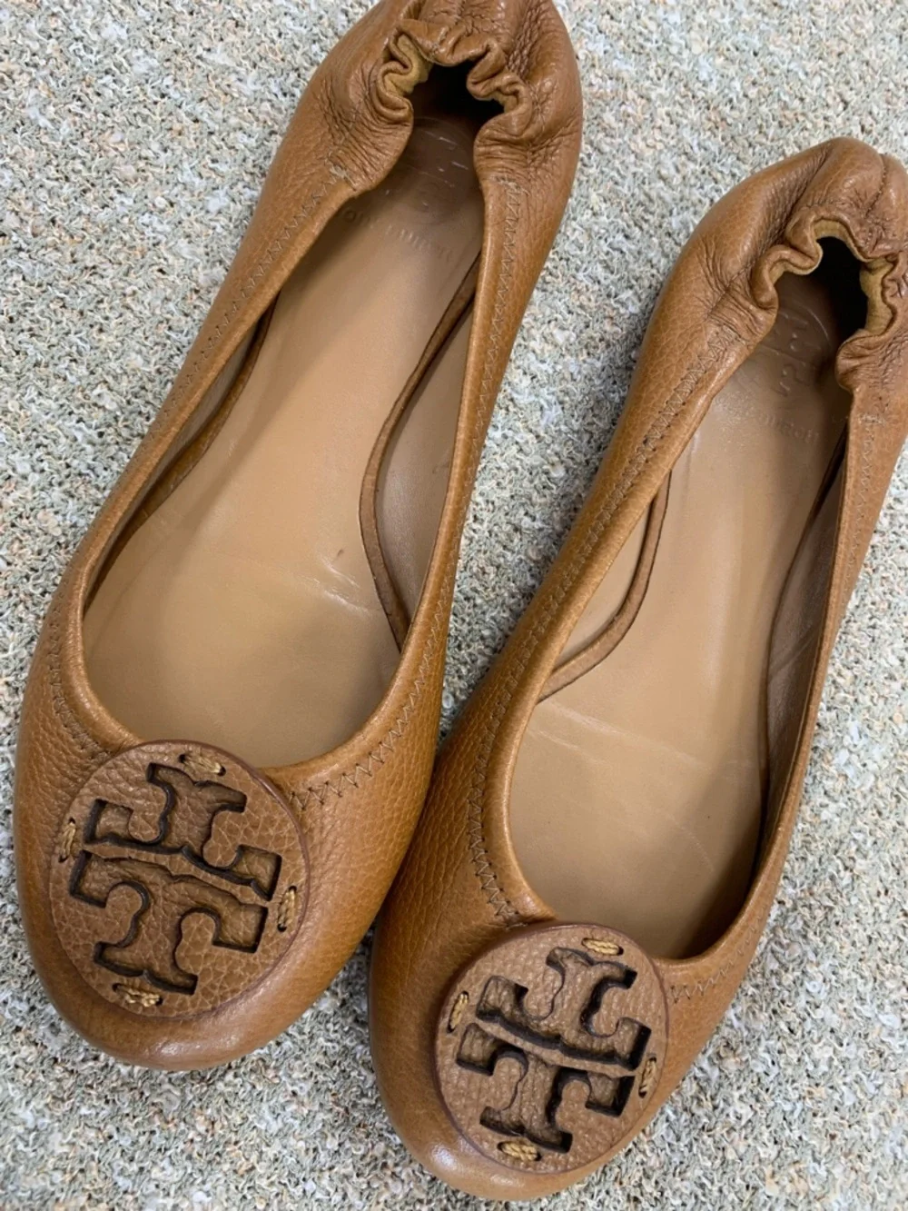 Tory Burch Cognac Leather Logo Ballet Flats